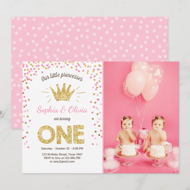 Erste Geburtstagseinladung Prinzessin Gold Pink Einladung (Vorne/Hinten)