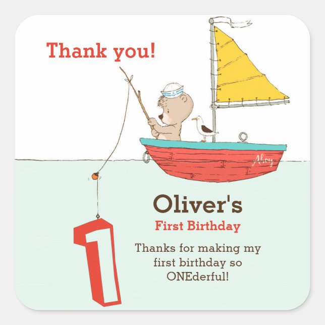 Erste Geburtstagsfeier für Nautiker Quadratischer Aufkleber (Vorderseite)