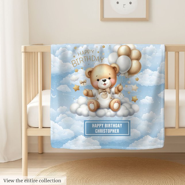Erste Geburtstagsjunge Decke mit blauem Goldteddy (First birthday boy blanket with blue gold teddy)