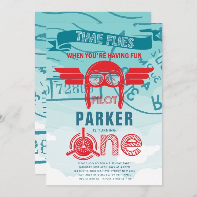 Erste Geburtstagspartei des Flugzeugs Einladung (Vorne/Hinten)