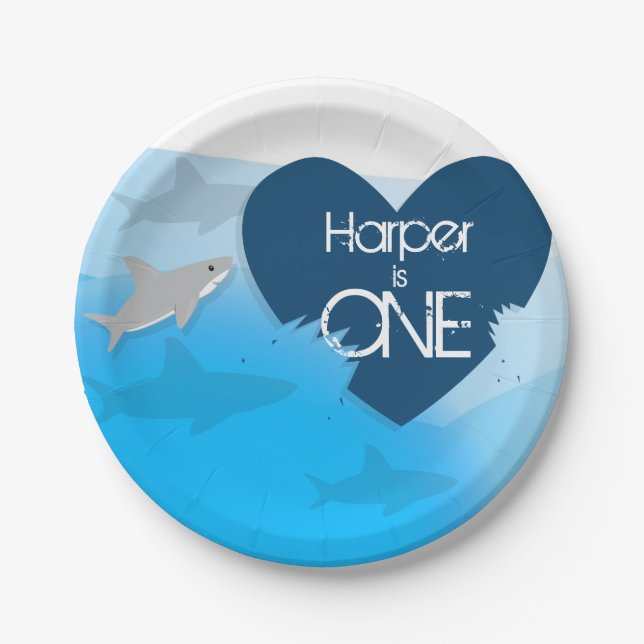 Erste Geburtstagsparteienplatte für Haie Pappteller (Vorderseite)