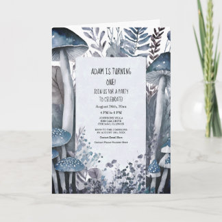 Erste Geburtstagsparty Blue Mushrooms Boho Woodlan Einladung