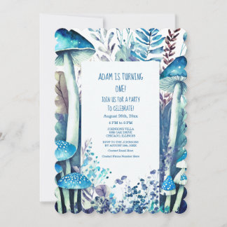 Erste Geburtstagsparty Blue White Mushroom Woods Einladung