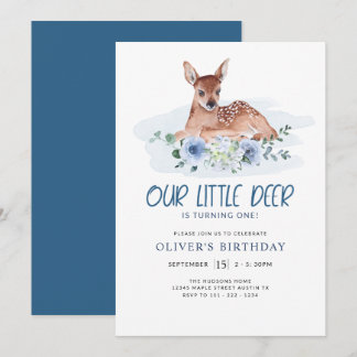 Erste Geburtstagsparty Little Deer Blue Floral Inv Einladung