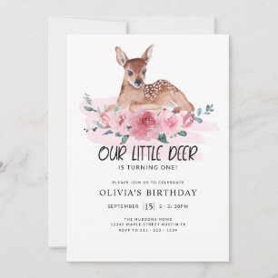 Erste Geburtstagsparty Little Deer Pink Floral Einladung