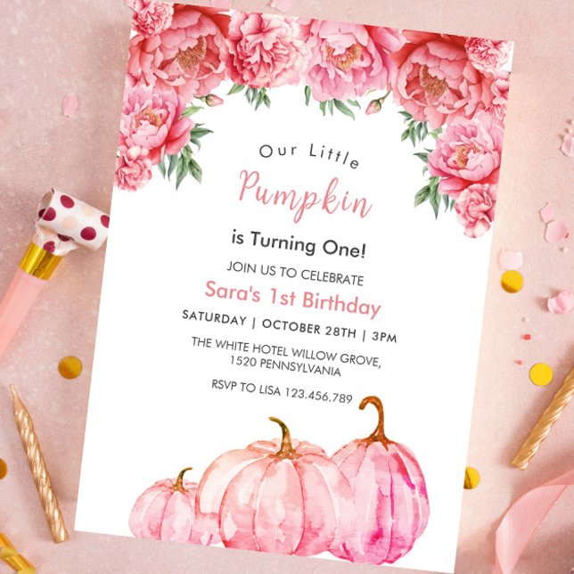Erste Geburtstagspumpkin und Pink Floral Party Einladung (Von Creator hochgeladen)