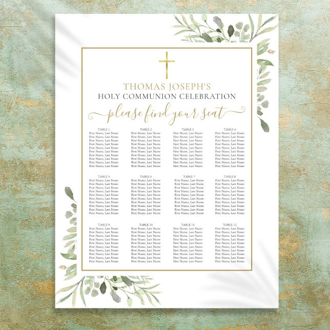 Erste Goldsickerkarte für die heilige Kommunion Gr Poster (First Holy Communion Greenery Gold Seating Chart)