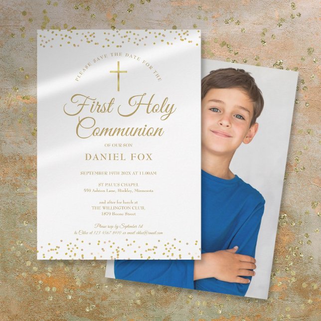 Erste Goldstaub-Foto der Heiligen Kommunion Save t Save The Date (First Holy Communion Gold Dust Photo Save The Date)
