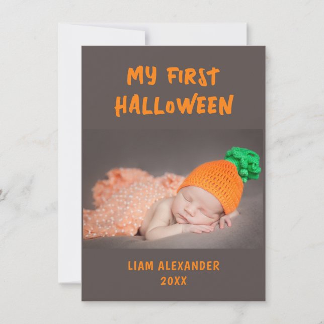 Erste Halloween Baby Foto Grau Mitteilungskarte (Vorderseite)