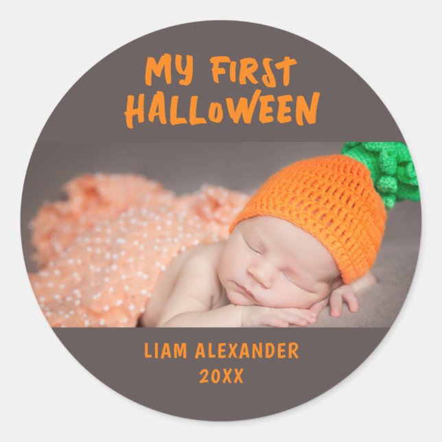 Erste Halloween Baby Foto Grau Runder Aufkleber (Vorderseite)