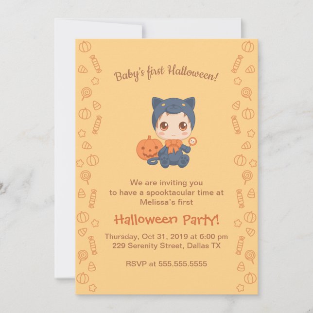 Erste Halloween Baby Niedlich Black Cat Party Einladung (Vorderseite)