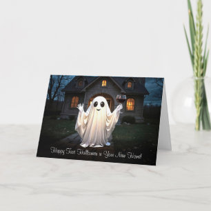 Erste Halloween in New Zuhause Niedlich Ghost Wine Feiertagskarte
