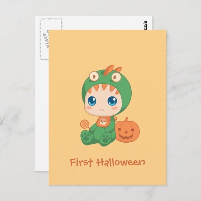 Erste Halloween-Niedliches Baby Dragon-Dinosaurier Postkarte (Vorne/Hinten)