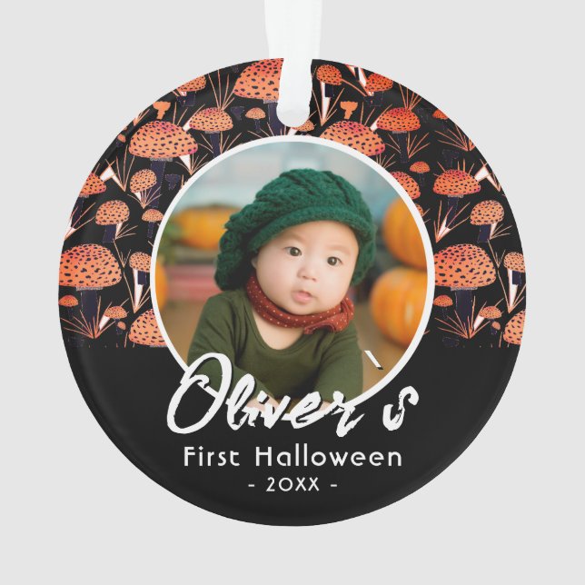 Erste Halloween Orange Mushroom Fall Foto Ornament (Rückseite)