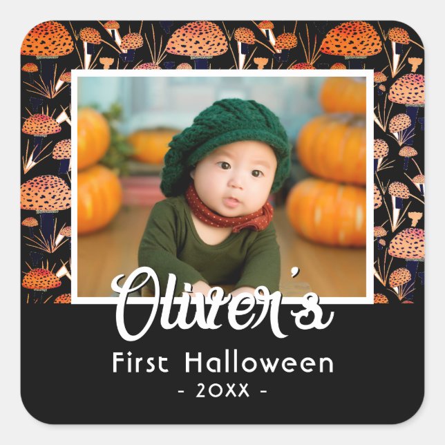 Erste Halloween Orange Mushroom Fall Foto Quadratischer Aufkleber (Vorderseite)