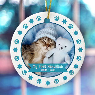 Erste Hanukkah Pet Kitten Foto Türkis Paw Niedlich Keramik Ornament