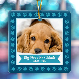 Erste Hanukkah Pet Puppy Foto Paws Stars Navy Keramikornament