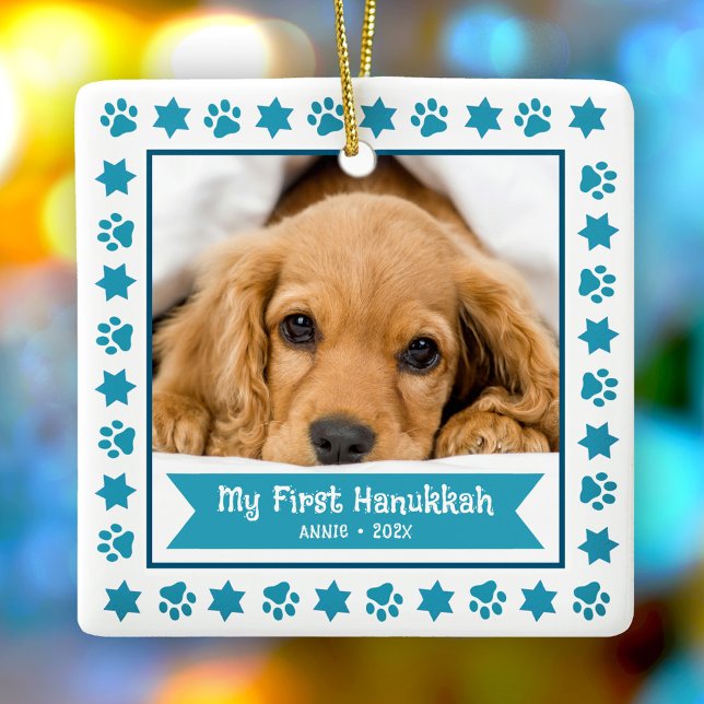 Erste Hanukkah Pet Puppy Foto Türkis Paws Niedlich Keramikornament (Von Creator hochgeladen)