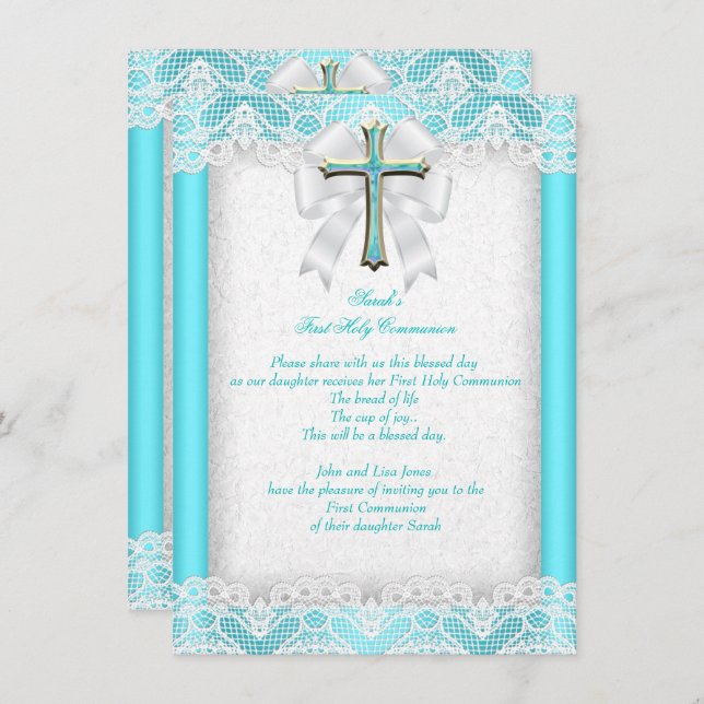 Erste Heilige Kommune 1. Girls Cross Aqua Aquamari Einladung (Vorne/Hinten)