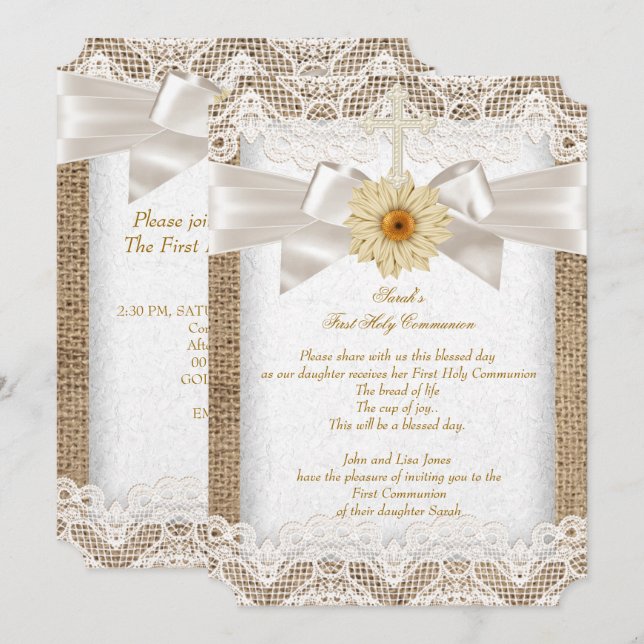 Erste heilige Kommune 1. Girls Cross Burlap Lace Einladung (Vorne/Hinten)