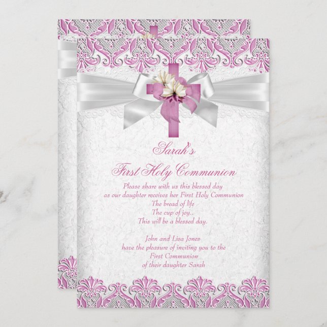 Erste heilige Kommune 1. Girls Cross Pink Lace 2 Einladung (Vorne/Hinten)