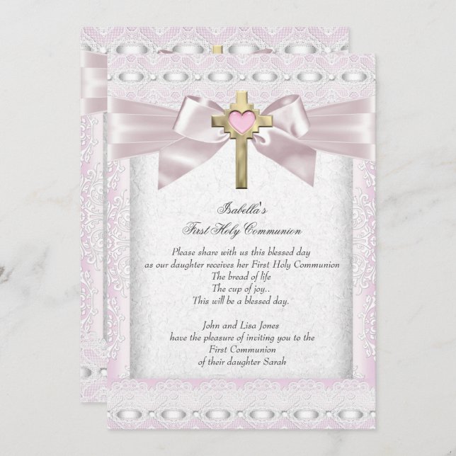 Erste heilige Kommune 1. Girls Cross Pink Lace 3 Einladung (Vorne/Hinten)