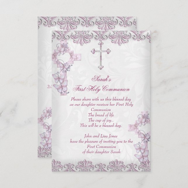 Erste heilige Kommune 1. Kreuzmädchen Damask Pink Einladung (Vorne/Hinten)