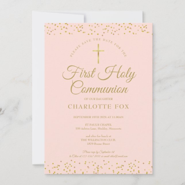 Erste heilige Kommune Blush Pink Gold Staub Save The Date (Vorderseite)
