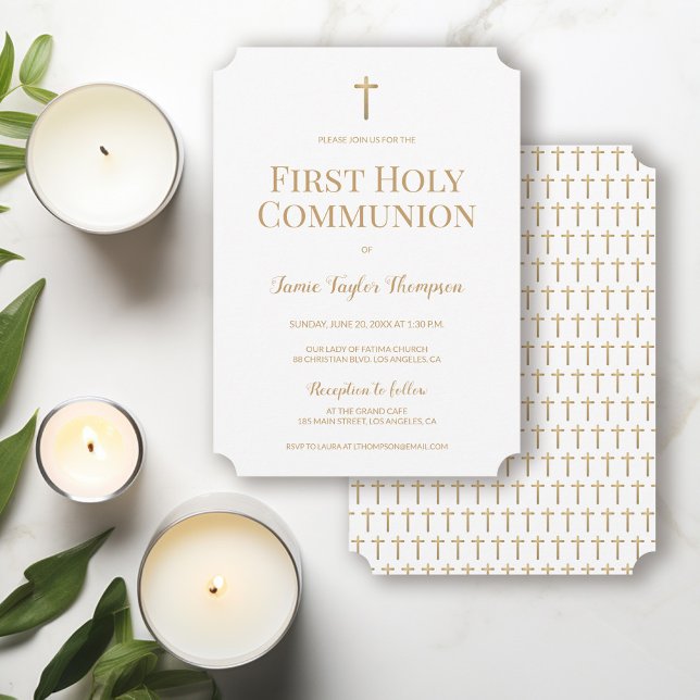 Erste heilige Kommune des reinen weißen Goldkreuze Einladung (Gender neutral First holy communion gold cross and white invitation )