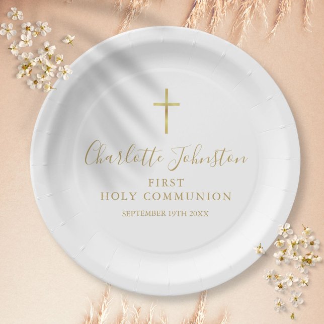 Erste heilige Kommune Goldene Signatur-Skript Pappteller (First Holy Communion Golden Signature Script Paper Plates)