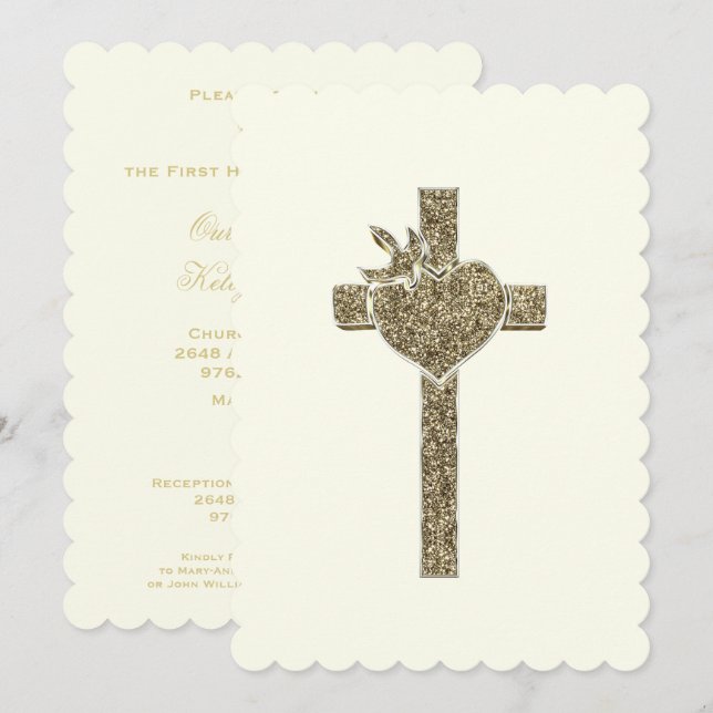 Erste Heilige Kommune Kreuz mit Taube und Herz Einladung (Vorne/Hinten)