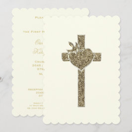 Erste Heilige Kommune Kreuz mit Taube und Herz Einladung