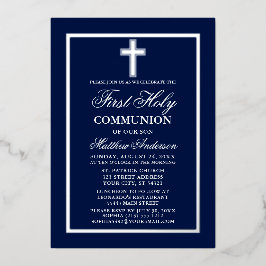 Erste Heilige Kommune Kreuzschiff Blau Silver Folieneinladung