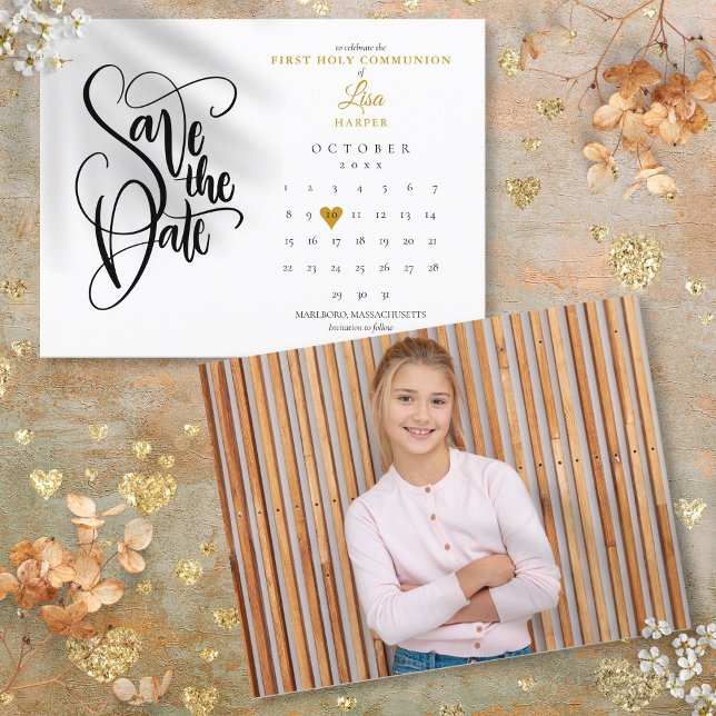 Erste Heilige Kommune Save the Date Kalender Foto Ankündigungspostkarte (First Holy Communion Save the Date Calendar Photo Announcement Postcard)