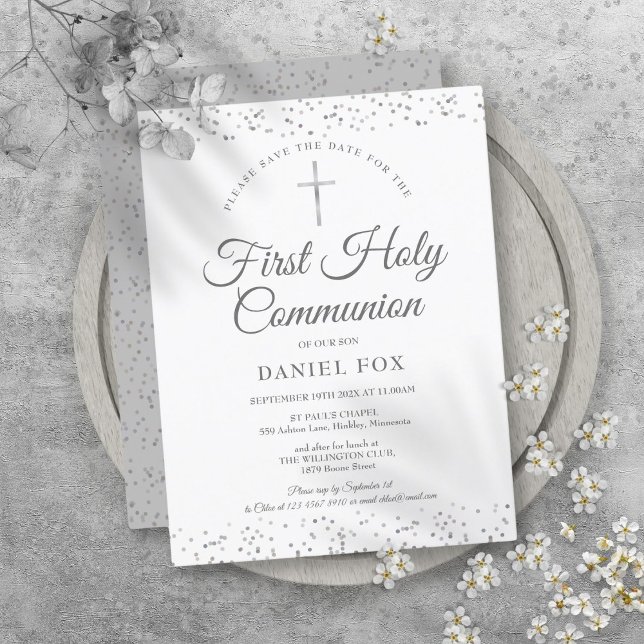 Erste Heilige Kommune Silver Stardust Save the Dat Ankündigungspostkarte (First Holy Communion Silver Stardust Save The Date Announcement Postcard)