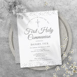 Erste Heilige Kommune Silver Stardust Save the Dat Ankündigungspostkarte<br><div class="desc">Eine elegante First-Holy-Kommunion Save the Date-Einladung mit zartem silbernen Sternenstaub. Sie können mit Ihren besonderen Feierlichkeiten in schicken silbernen Text personalisieren. Entwickelt von Thisisnotme©</div>