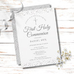 Erste Heilige Kommune Silver Stardust Save The Date<br><div class="desc">Eine elegante First-Holy-Kommunion Save the Date-Einladung mit zartem silbernen Sternenstaub. Sie können mit Ihren besonderen Feierlichkeiten in schicken silbernen Text personalisieren. Entwickelt von Thisisnotme©</div>