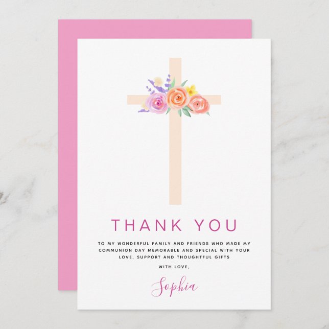 Erste heilige Kommune Vielen Dank Floral Pink Rose Dankeskarte (Vorne/Hinten)