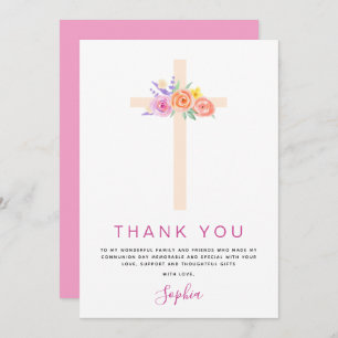 Erste heilige Kommune Vielen Dank Floral Pink Rose Dankeskarte