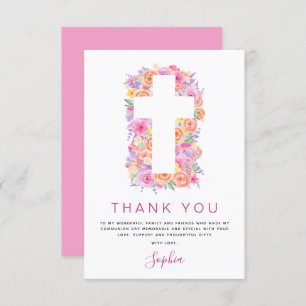 Erste heilige Kommune Vielen Dank Floral Pink Rose Dankeskarte