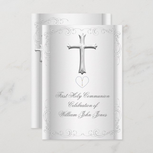 Erste heilige Kommune Weißes Silberneutrales Mädch Einladung (Vorne/Hinten)