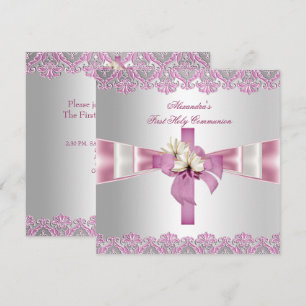 Erste Heilige Kommunion 1. Kreuz Mädchen Weiß Pink Einladung