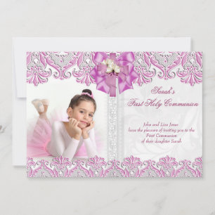 Erste Heilige Kommunion 1. Mädchen Lila Rosa Foto Einladung