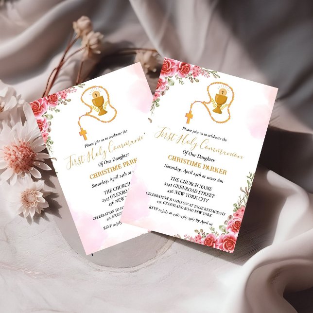 Erste heilige Kommunion Aquarell Rosa Blütenfarbe Einladung (Von Creator hochgeladen)