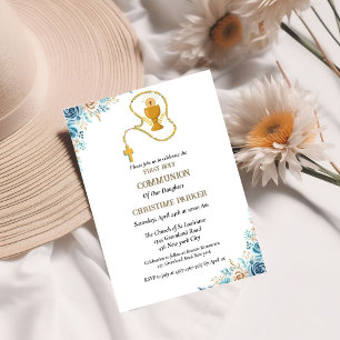 Erste heilige Kommunion Aquarellblau Blütenblume Einladung