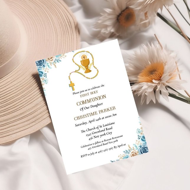 Erste heilige Kommunion Aquarellblau Blütenblume Einladung (Von Creator hochgeladen)