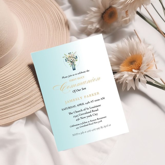 Erste heilige Kommunion Aquarellblau Splash Einladung (Von Creator hochgeladen)