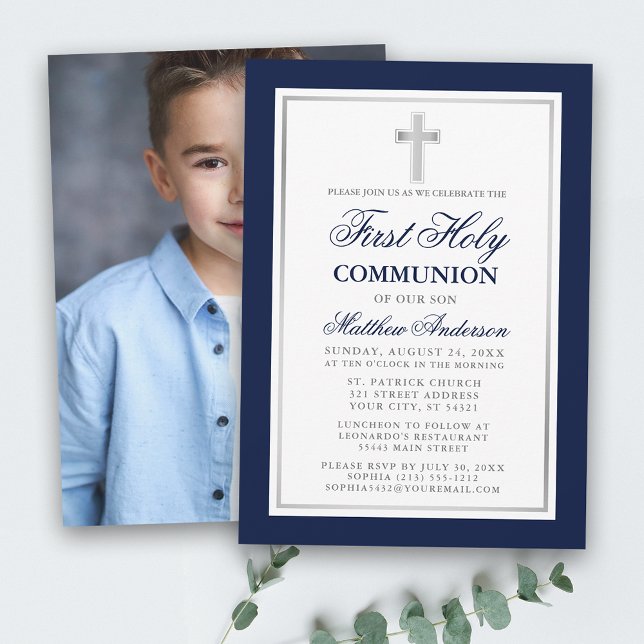 Erste Heilige Kommunion Blau-Silber-Foto Einladung (Customize to change text size or text style.)