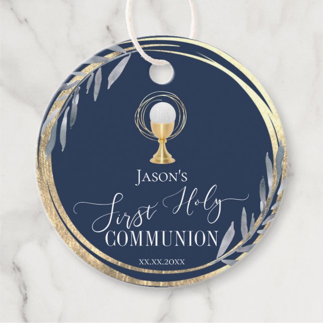 Erste Heilige Kommunion | Blau und Imitat, Goldfol Geschenkanhänger (Vorderseite)