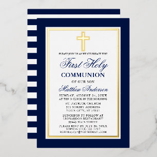 Erste heilige Kommunion blaue Streifen Kreuz Gold Folieneinladung